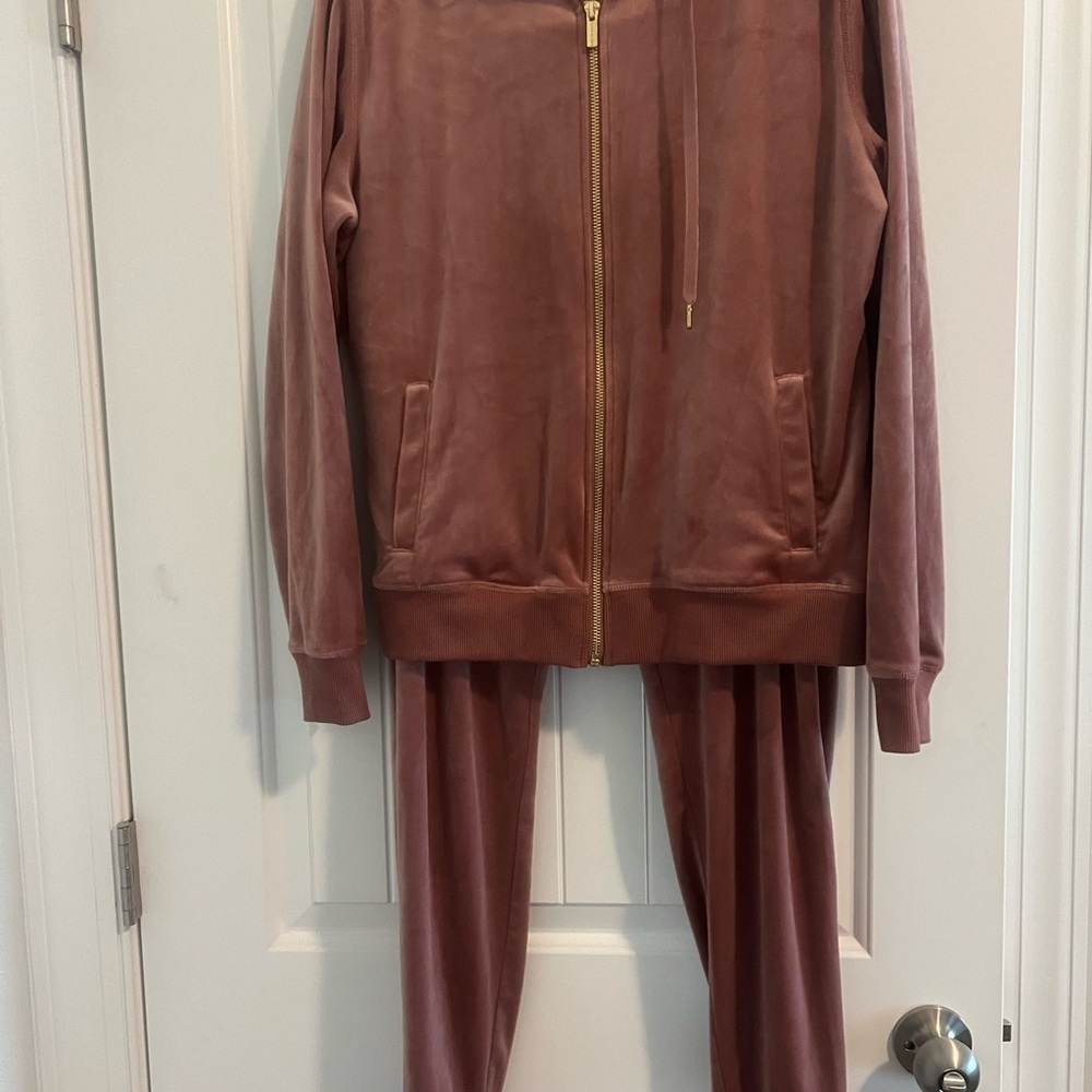 Pink velvet sweat suit.